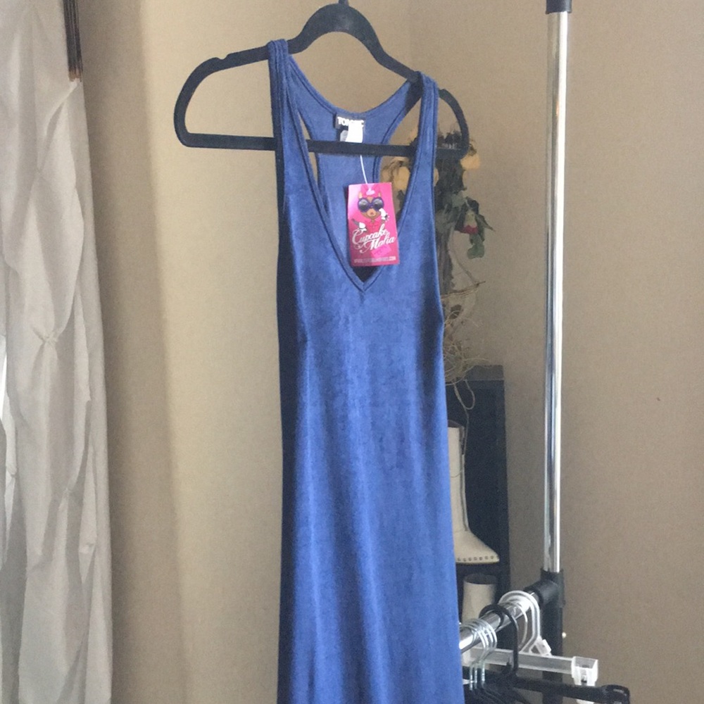 Suede Sleeveless Navy Blue Dress w/Fringes